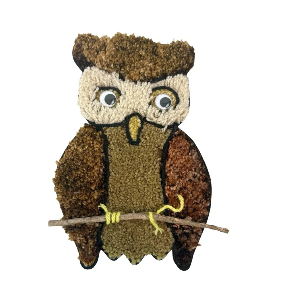Owl Latch Hook Tapestry Yarn Rug Wall‎ Hanging Art Mid Century NO HANGER/HOOK